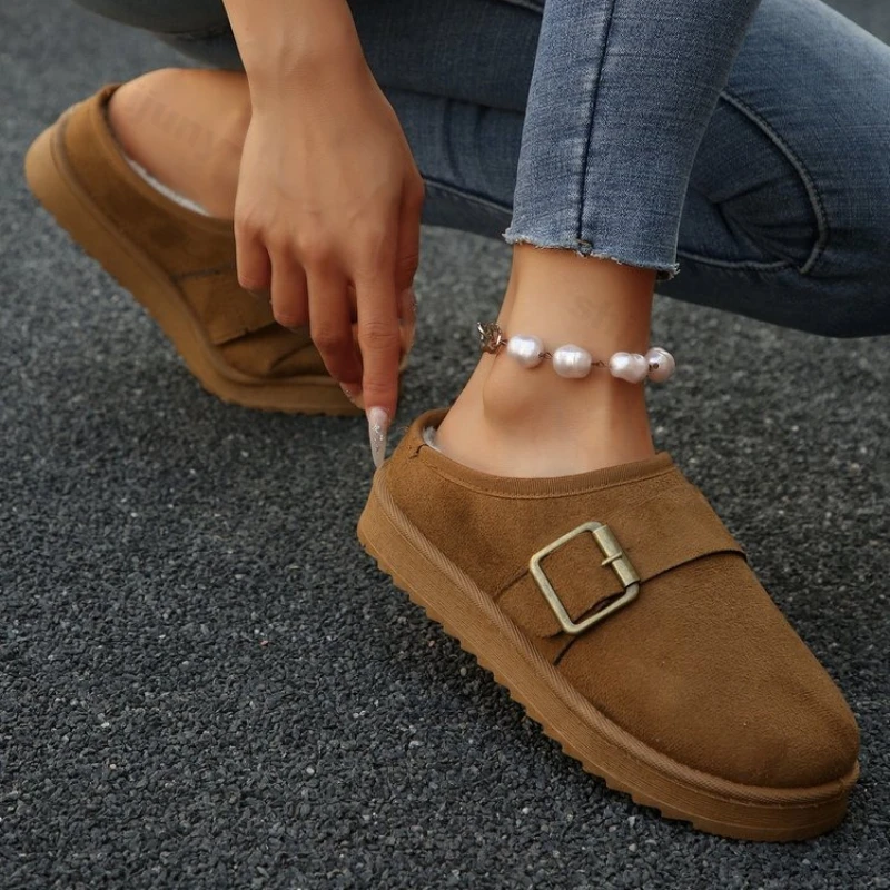 

Пара плюшевых хлопковых туфель, новая зимняя модная винтажная женская повседневная обувь с пряжкой и ремешком, удобные утепленные мужские полутапочки