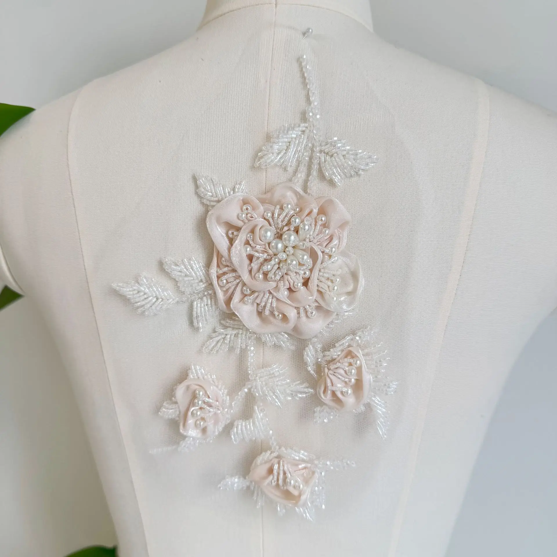 Pink 3D Flower Embroidery Applique Gown Performance Dress Wedding Dress Handmade DIY Lace Trim Stamen