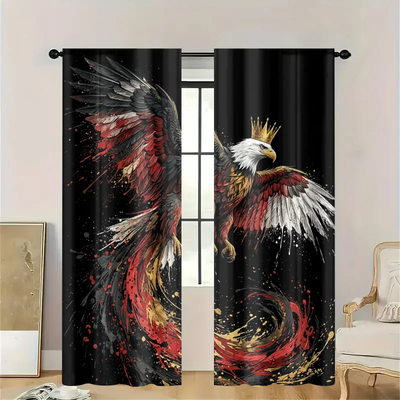 Dramatic Abstract Eagle Curtain Pair Panels Black Splatter Art Window Dressing Home Decor Panels Modern Gothic Style Accent Room