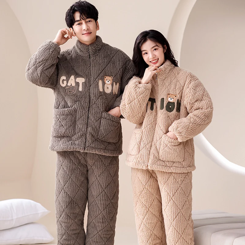 Winter Couple Cute Cartoon Pajamas Set Women and Men Warm Flannel Pijama Lovers 3 Layer Clip Cotton Pajamas Set