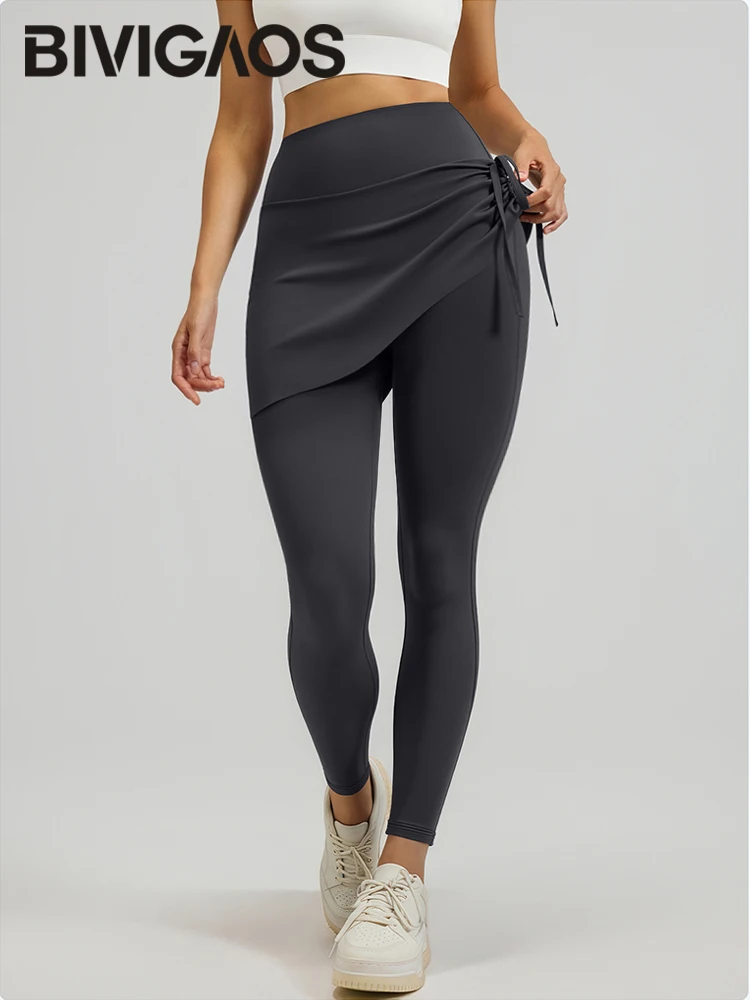 BIVIGAOS New Spring Drawstring Pleated Yoga Leggings Skirt Pants Fake Two Piece Women High Waist Elastic Sports Fitness Leggings