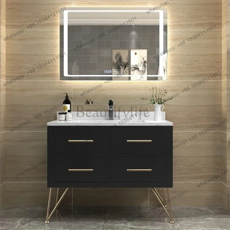 LXBathroom Cabinet Oak Light Luxury Washstand round Mirror Floor Bathroom Cabinet Nordic Wash Mirror Cabinet