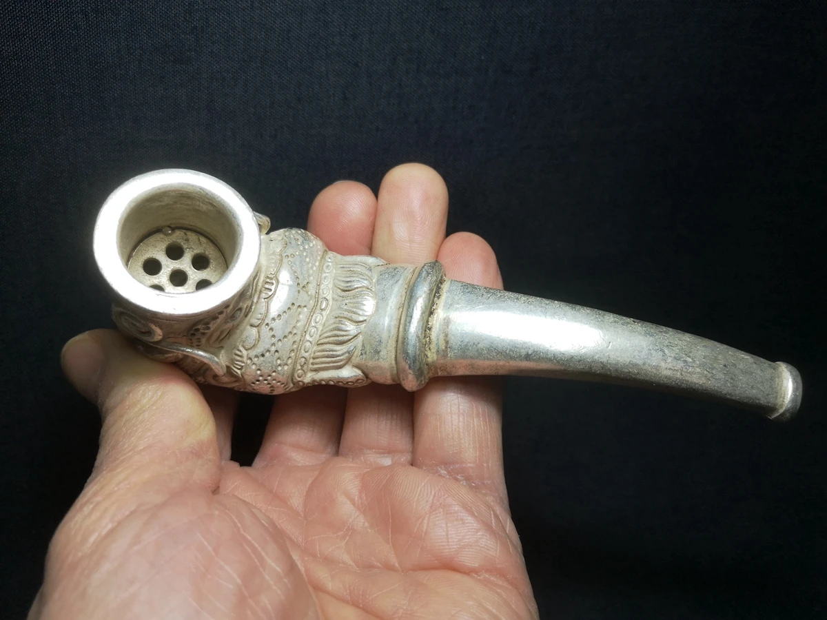 Old Collection Chinese Tibet Silver Carving Dragon Head Tobacco Pipe Decoration Gift