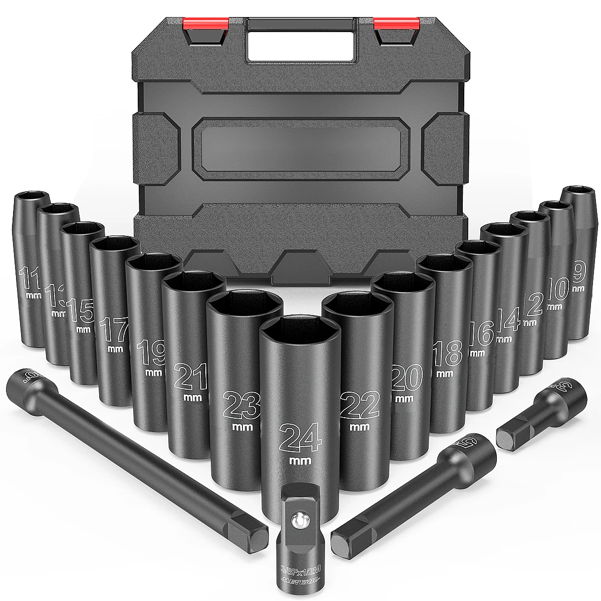 20PCS 1/2-Inch Drive Metric Deep Cr-V Impact Socket Set Carbon Steel with Hard Storage Box Long Service Time