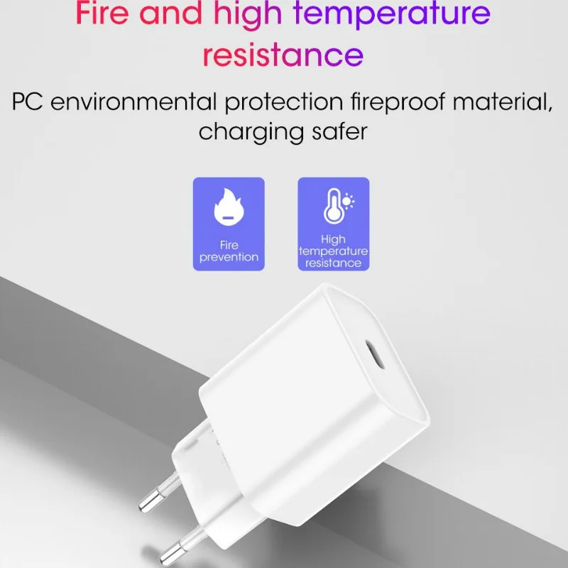Carregador Rápido USB PD 20W para iPhone, iPad, Samsung, OnePlus, Adaptador de Carregamento Rápido com Cabo Tipo C, Plugue EU/US
