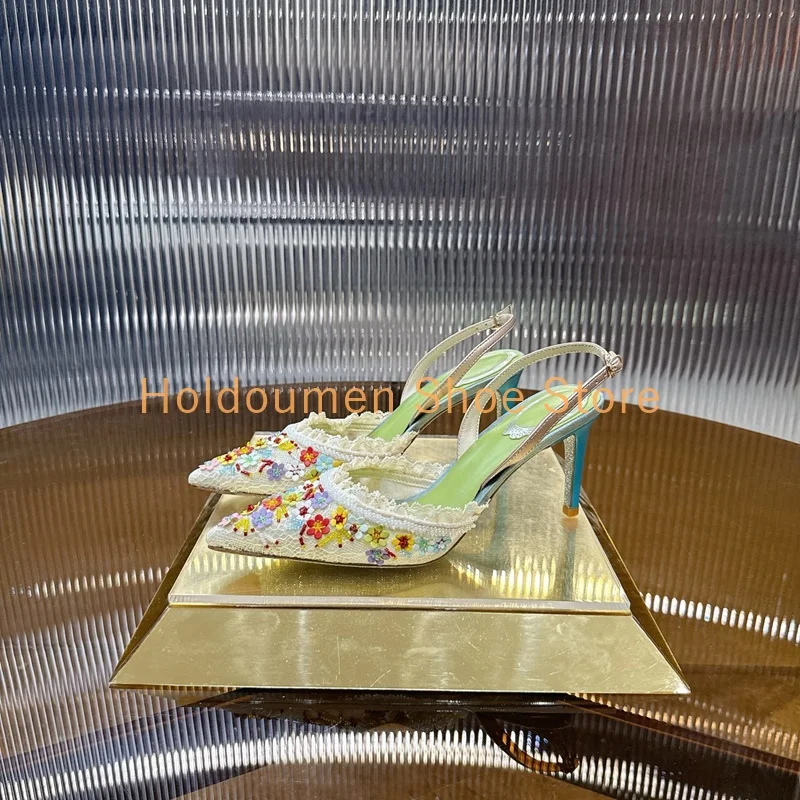 

Exquisite Hand Cut Flower Decor Fairy Sandals Wrapped Pointed Toe Breathable Mesh Sexy Slingback Back Strap Stiletto Sandals