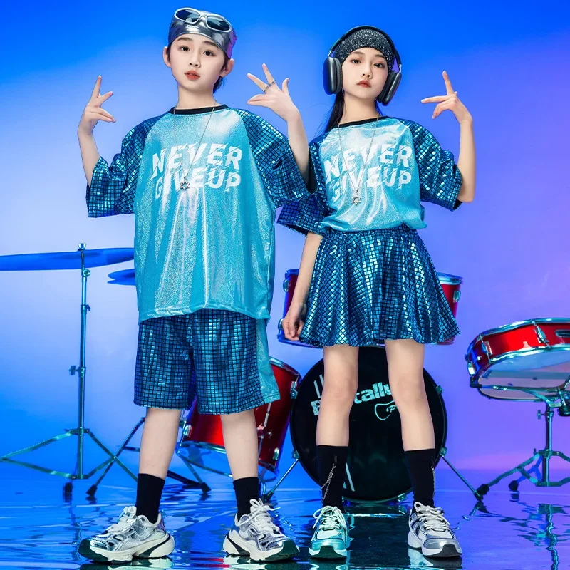 Mädchen Pailletten Hip Hop Kostüm Blau Tops Pailletten Glänzende Shorts für Jungen Kinder Jazz Kleidung Street Dance Bühne Sets