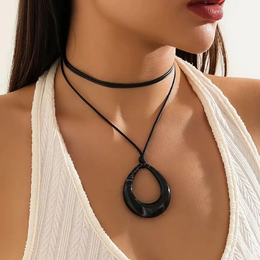Ingemark Vintage Hollow Out Big Water Drop Pendant Necklace For Women Personality Black Leather Wax Thread Rope Choker Jewelry