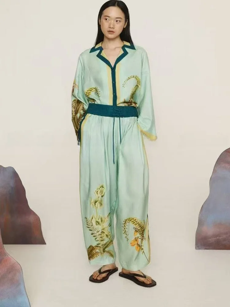 

mais Summer Vaion Lazy Sle Silk Cotton Plant Print Long Sve irt plus Брюки Австралийские Уникальные Faion Ladies irt