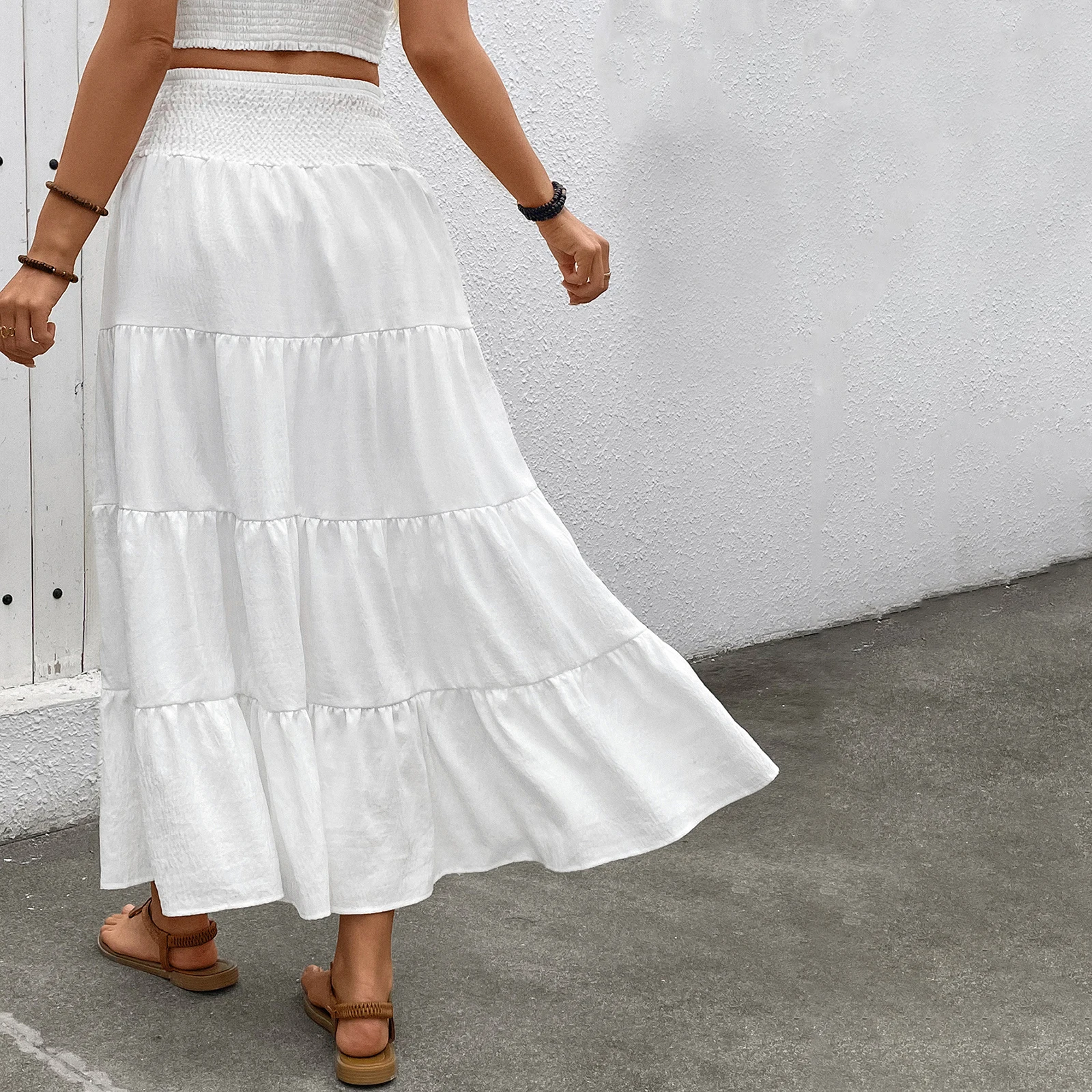 Gonne a vita alta estive classiche da donna Casual elegante tinta unita gonna a trapezio con volant bohémien per le vacanze al mare Streetwear