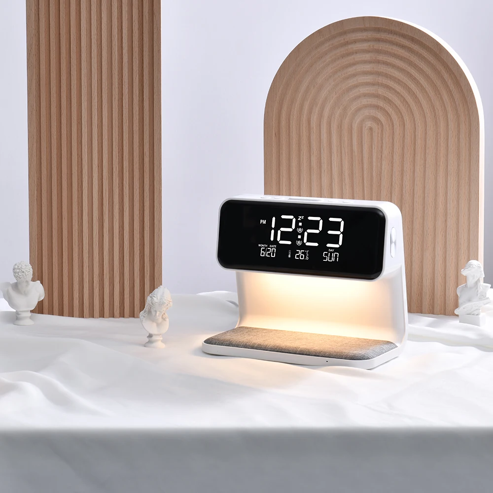 Modern Design Bedside 5W 10W 15W Multifunctional Night Light Time digital Display Alarm Clock Wireless Charger Table Lamp