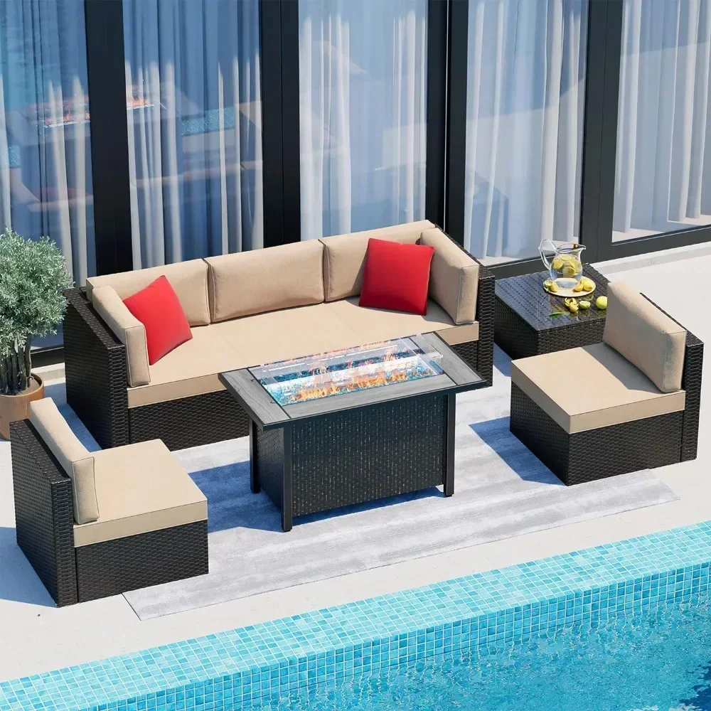 Outdoor Patio Furniture 7 Piec Set with 45 Inc Fire Pit Table, All Weather PE Wicker Rattan Sectional Couch Set W/Glass Table