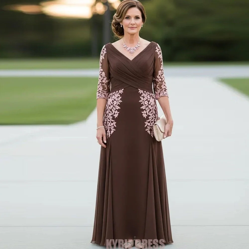 Customized Mother of The Bride Dress 3/4 Sleeves V Neck Lace Applique A Line Draped Chiffon Wedding Guest Gown Party Dresses