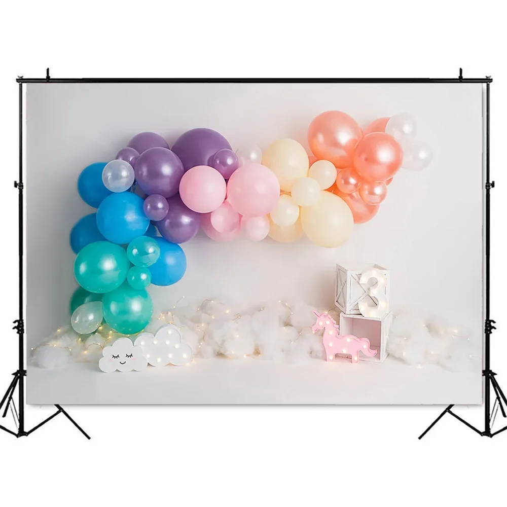 بالونات ملونة جدار عيد الميلاد الثالث كعكة سحق صورة خلفية لاستوديو التصوير الفوتوغرافي للأطفال حديثي الولادة الأطفال خلفية الصورة