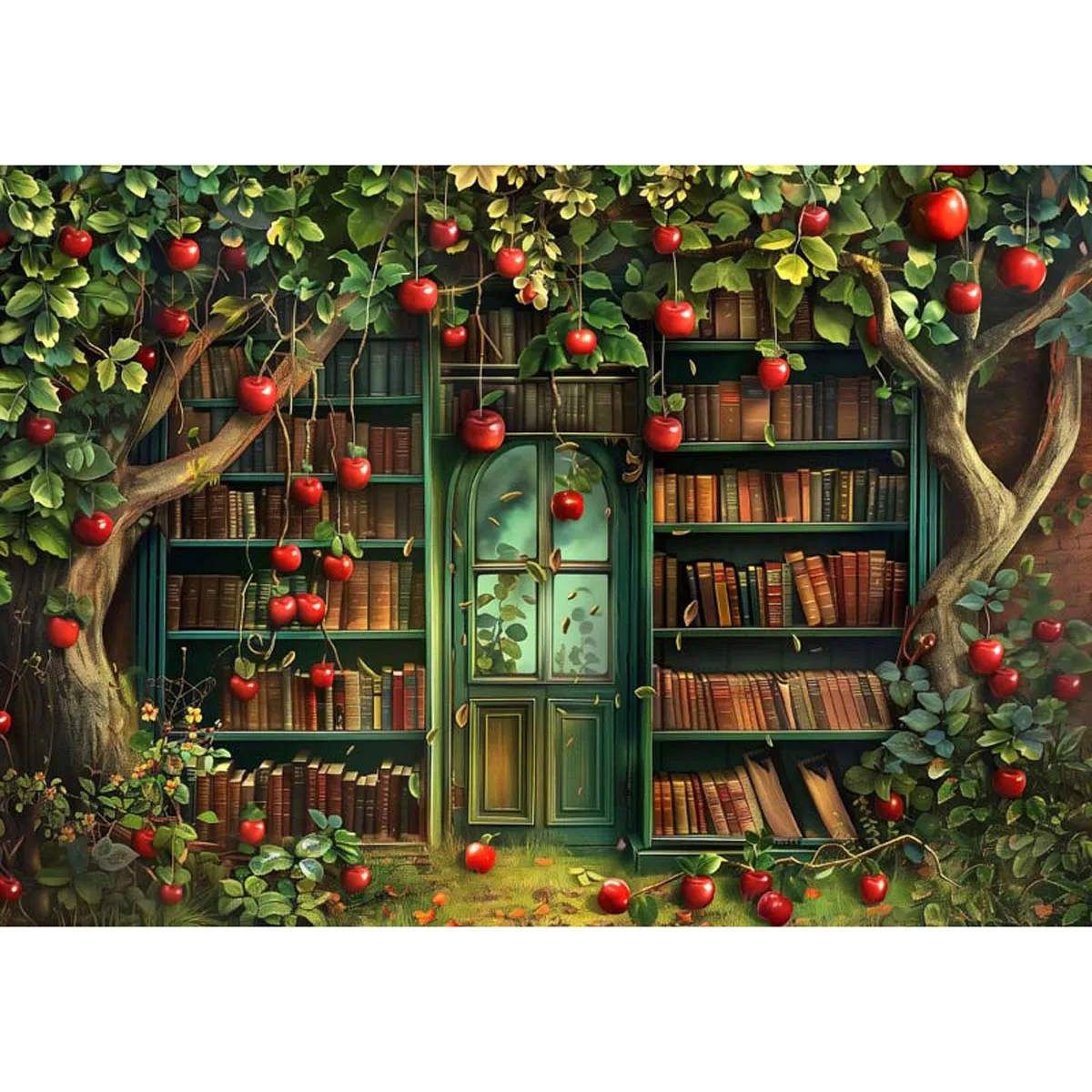 Allenjoy Library Filled With Books and Red Apples Backdrop