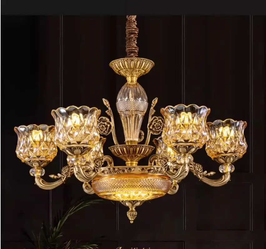 French Copper Chandelier Luxury Art Candle Crystal Pendant Lamp Crystal Deco Droplight Hotel Dinning Room Home Lighting Fixture