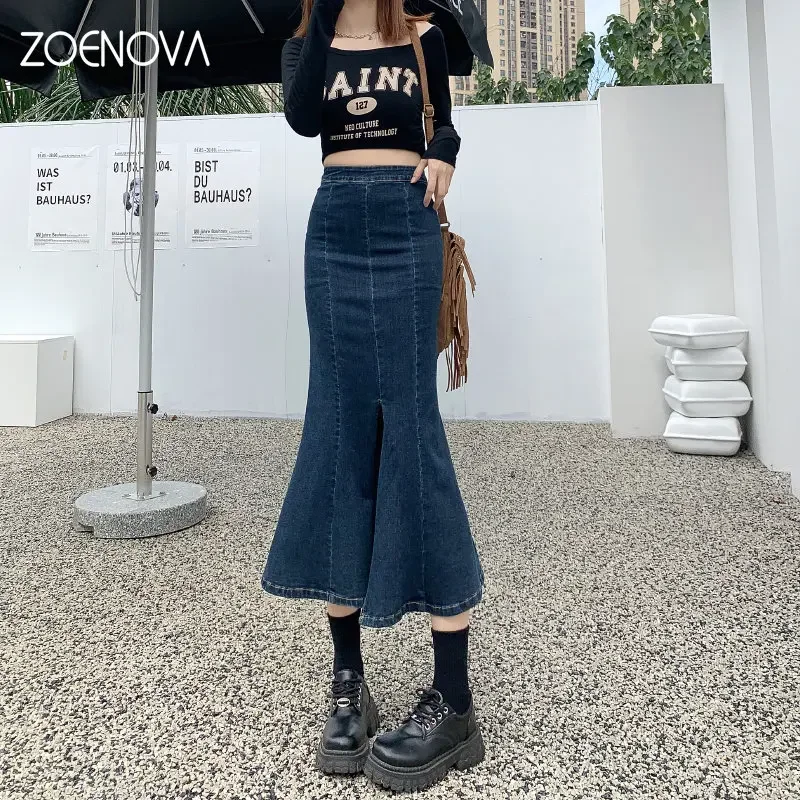 

ZOENOVA Simple Split Sexy Slim Versatile Light Thin Summer Women's Mature Feminine Charm Street Skirt Long Leisure Commuting