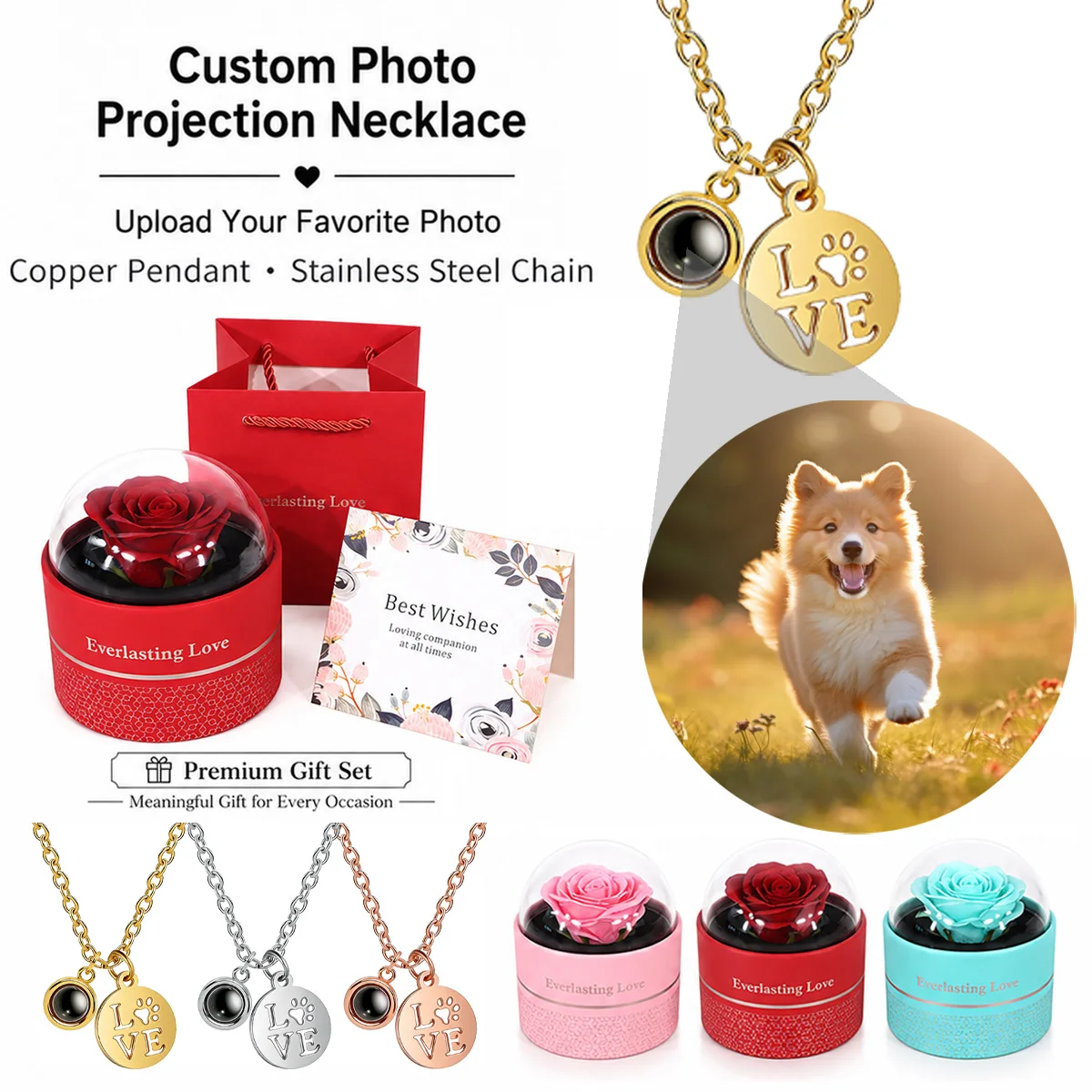Custom Color Photo Projection Necklace Round Pendant Hanging Tag Rose Gift Box Set Stainless Steel Chain Valentine's For Women
