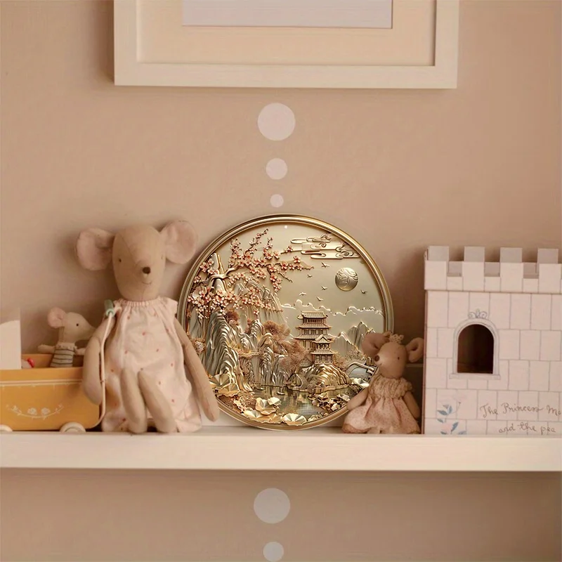 Decorative Aluminum Metal Sign, Wall Art with Asian-Inspired Scene, Round Door Hanger, Wreath Sign, Versatile Decor