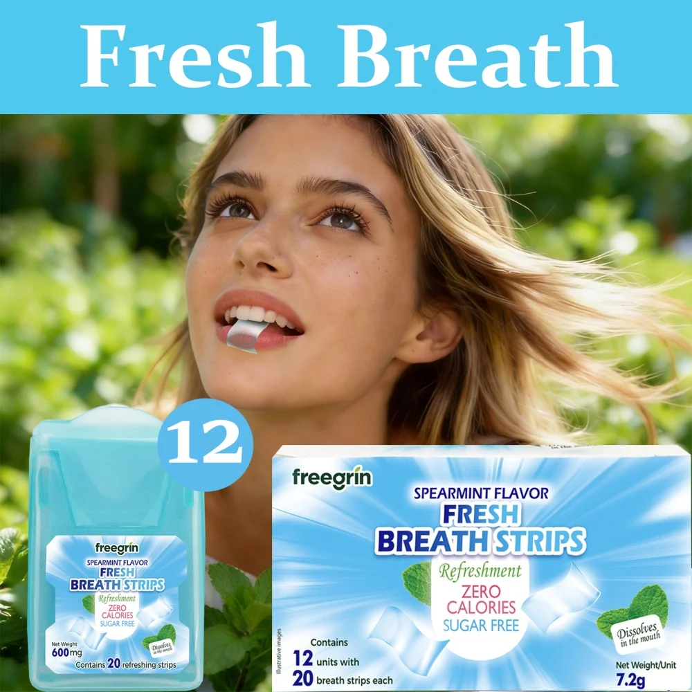 FREEGRIN Spearmint Flavored Fresh Breath Strips Portable Strips Kissing Mouth Fresh Breath Tablets Instant Dissolve Oral Strips