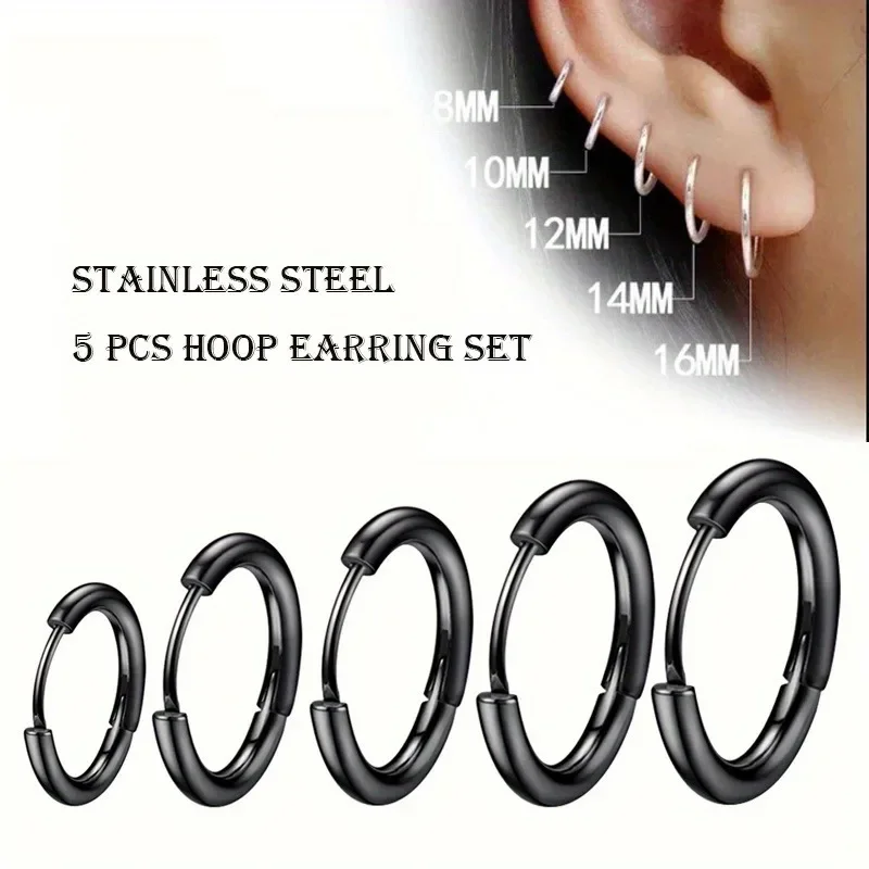 5pcs/Set Men's Stainless Steel Hoop Earrings for women