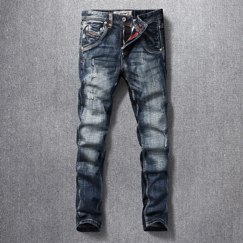 Estilo italiano moda masculina jeans de alta qualidade retro preto azul elástico fino ajuste rasgado jeans masculino vintage designer calças jeans