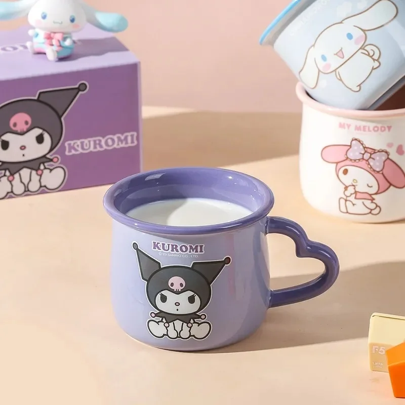 Sanrio família série caneca cerâmica, Kuromi, canela, minha melodia, café da manhã, leite, fofo, desenhos animados, artesanato, caneca escala, presente para meninas