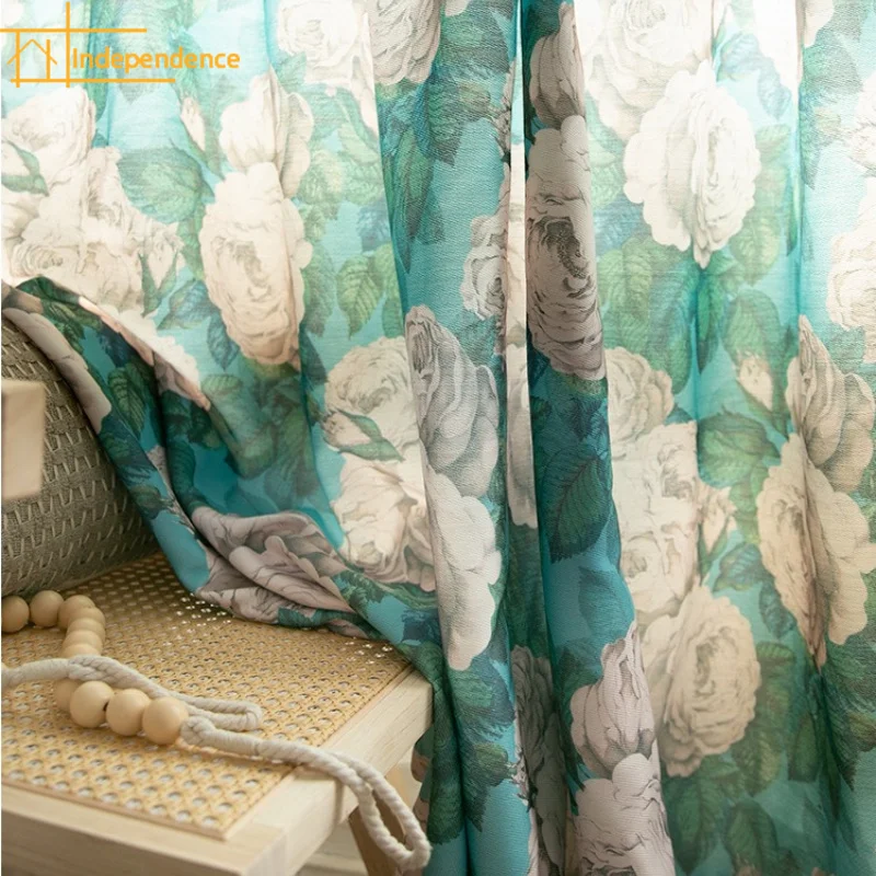 Vintage Green White Rose Printed Cotton Linen Curtains for Living Room French Window Customized Finished Partition Curtain