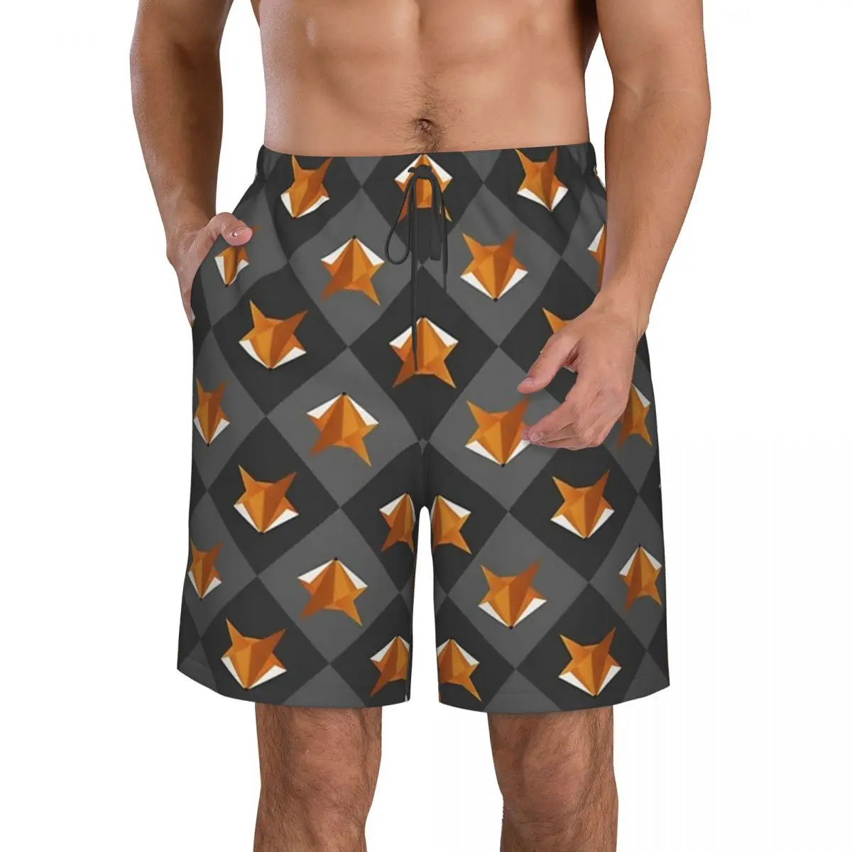 Kitsune Geometric Fox Trunks Beach Board Shorts Casual Quick Dry Swim Summer Men Pants