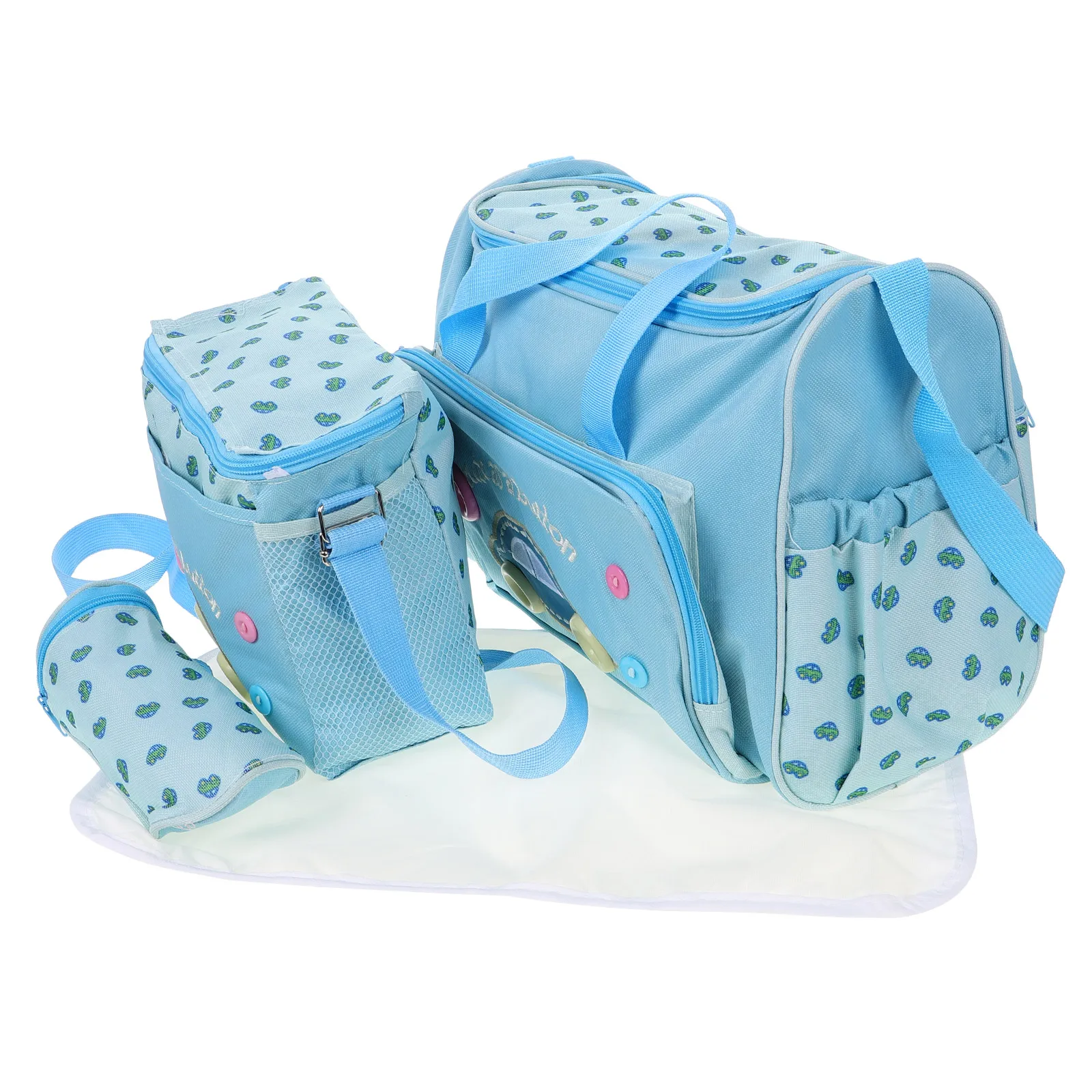 

Sky-Blue Waterproof Mummy Bag Set 40Cm 4-In-1 Baby Diaper Travel Tote Handbag With Big Small Bags Feeding Bottle Holder