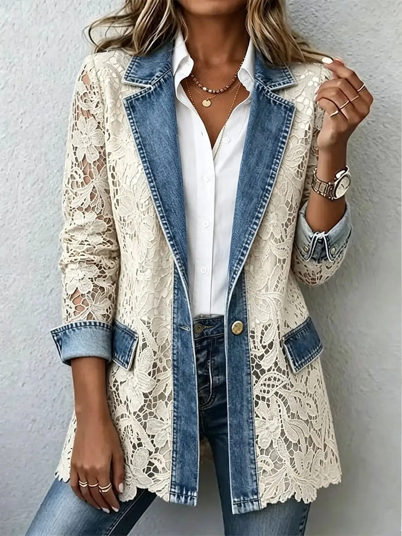 Damen Casual Patchwork-Jeansjacke mit Umlegekragen, Langarm-Spitzenhemd, Neuer Stil für Damen – Detail 9