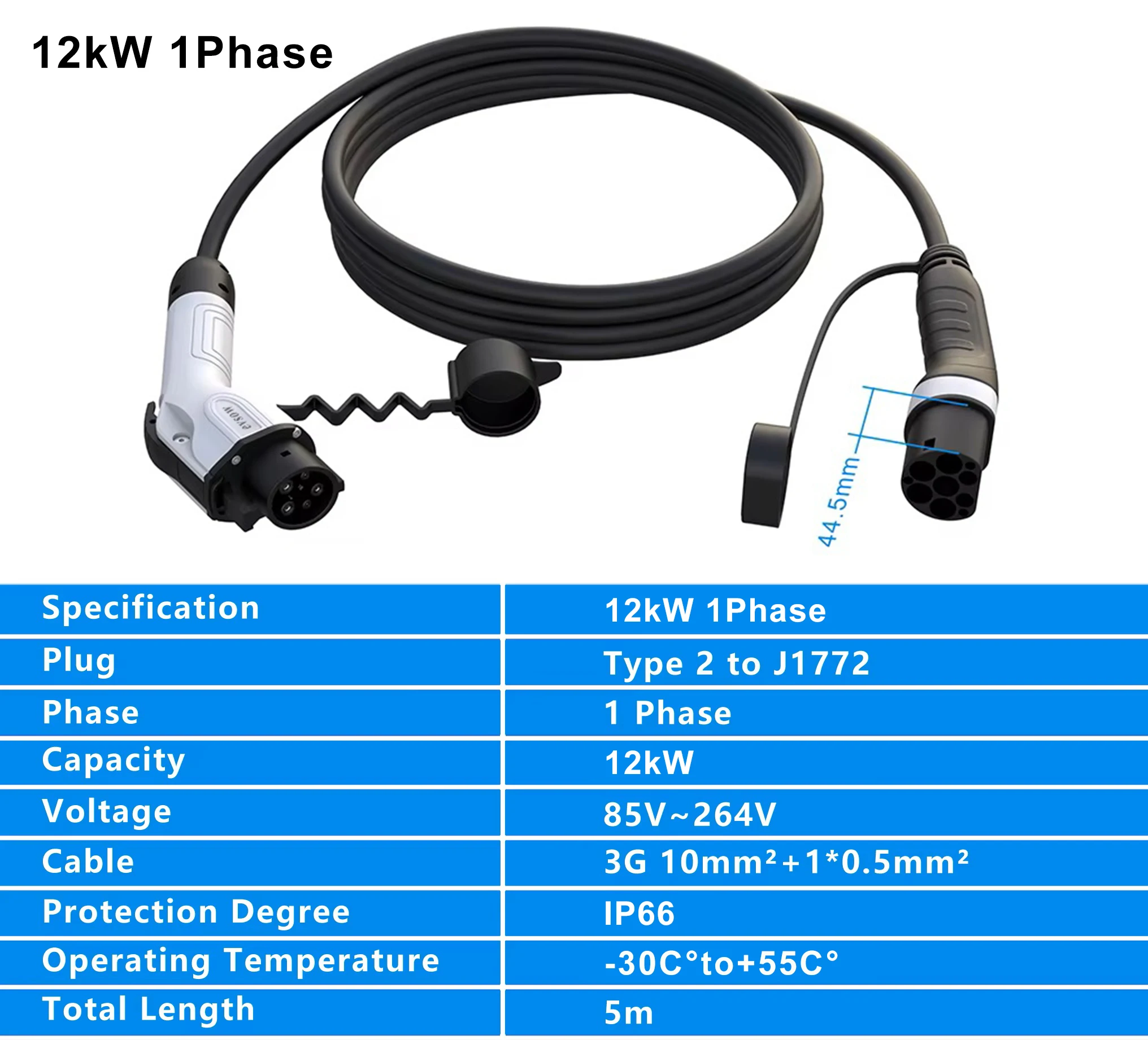 Evsow-Cable de carga EV tipo 2 a Tipo 1 para vehículo eléctrico, estación de carga hembra a macho, 50A, 12kW, 1P, 5M