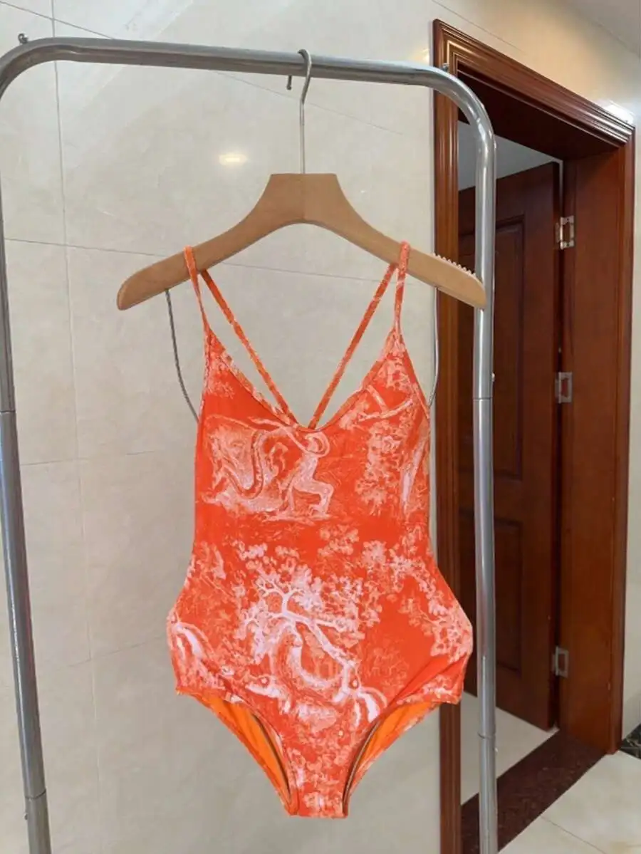 

Orange Animal & Nature Print One-Piece Swimsuit With Double Spaghetti Straps V-Neck For Women
