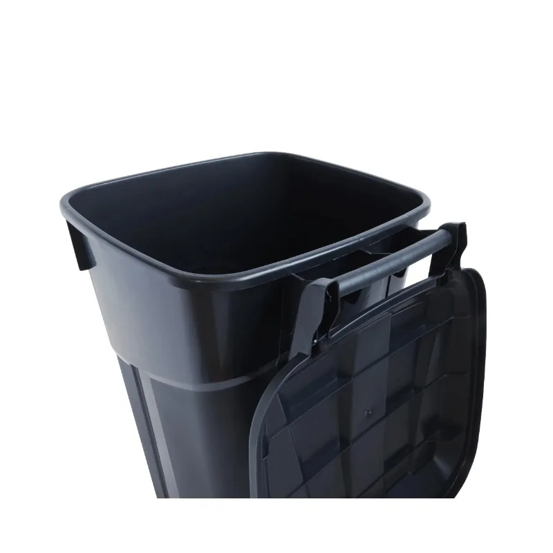 Cubo de basura de plástico resistente con ruedas de 32 galones, tapa adjunta, negro