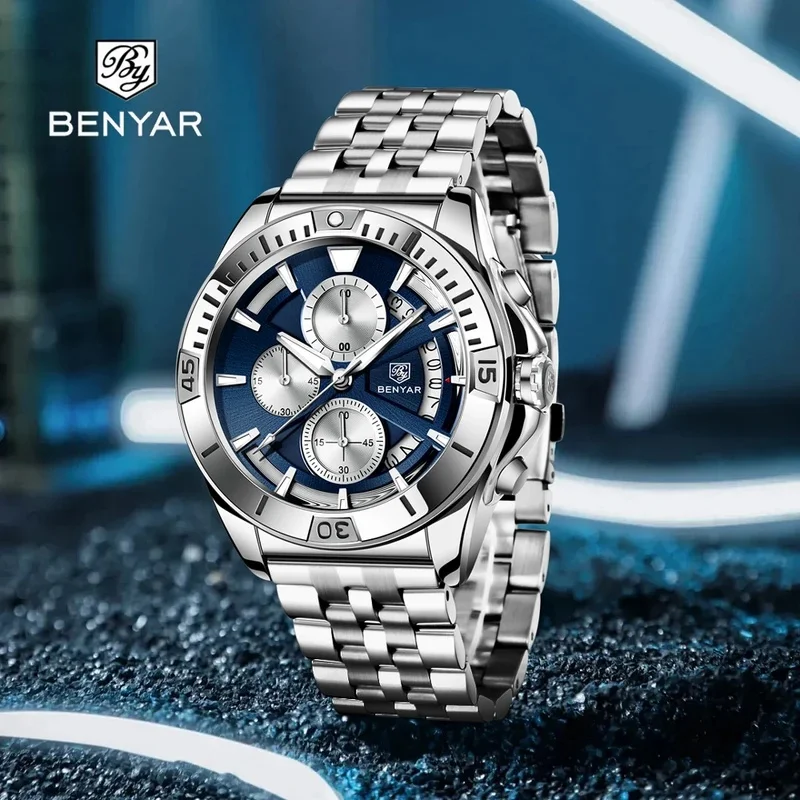 2026 New BENYAR BY-5180 Men's Luxury Sport Racing Quartz Chronograph Wristwatch, Stainless Steel Bracelet, 30M Water Resistant