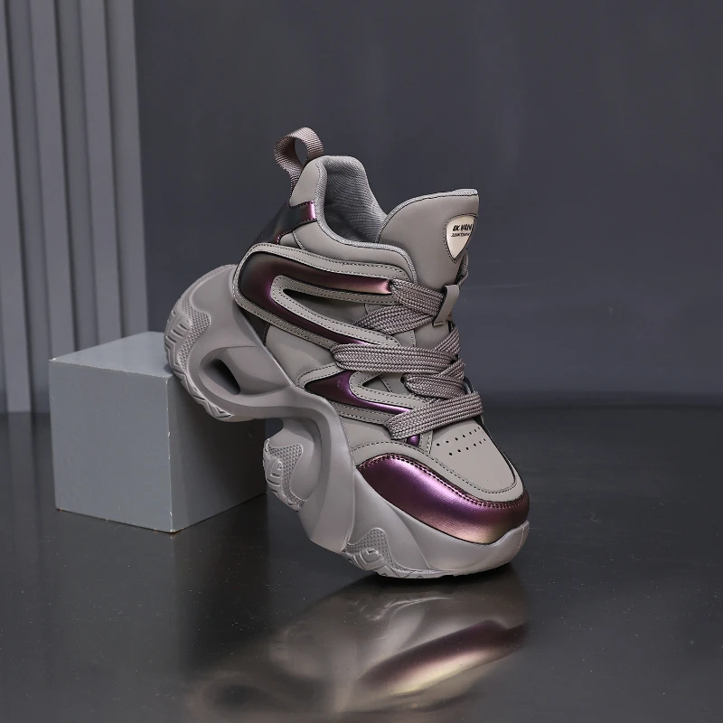 

Chunky Platform Hidden Height Increasing Sneakers Casual Lace Up Shoes In White And Grey With Hollow Out Design For Streetwear