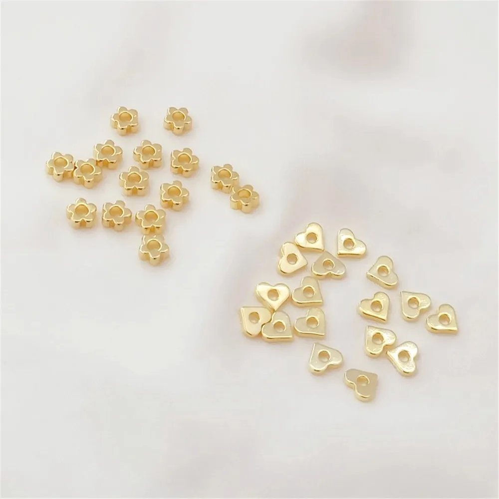 14K Gold-plated Smooth Heart-shaped Plum Blossom Spacer Beads Copper-plated Gold Loose Beads DIY Jewelry Accessory Materials