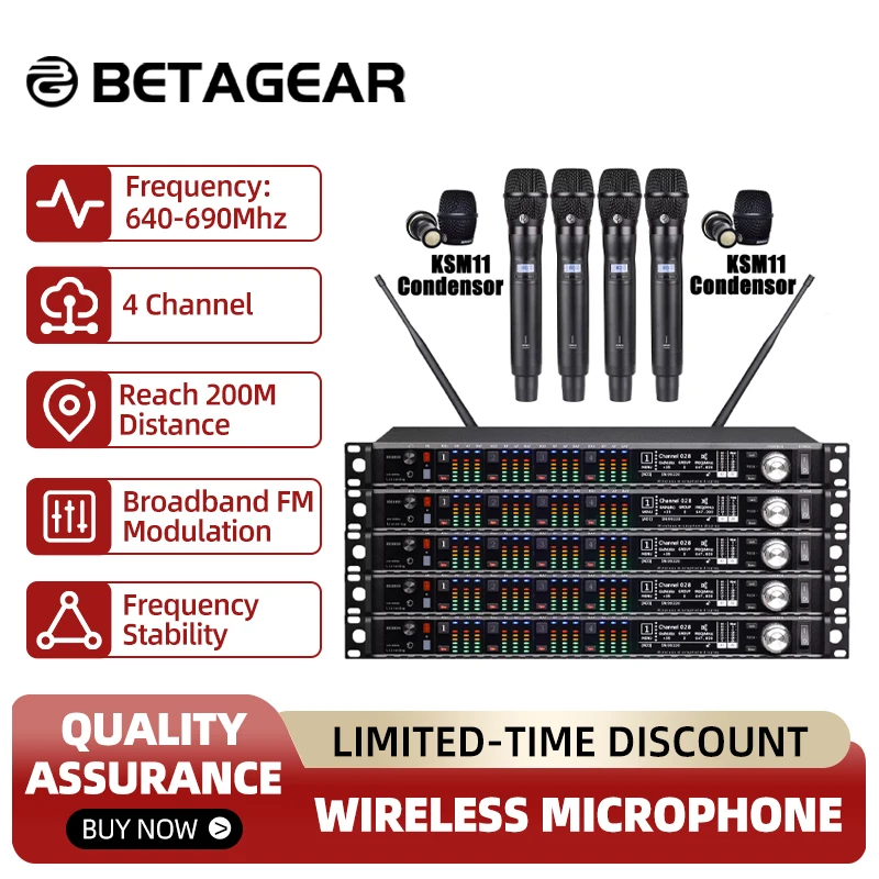 

4-канальный беспроводной микрофон Betagear KSM11 / Dynamic KSM9, конденсаторная капсула, профессиональный микрофон для сцены, 20-канальный, 200 м