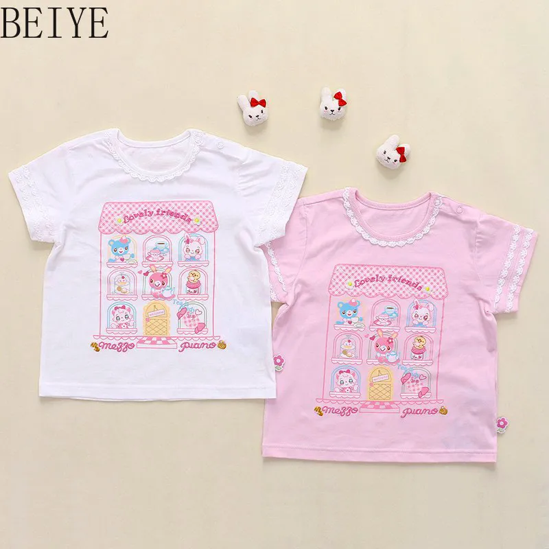 Japanese Style Polka Dot Short Sleeve Tee Kids Summer Top Family Matching Outfits Cute Cartoon Rabbit Print Girls Cotton T-shirt