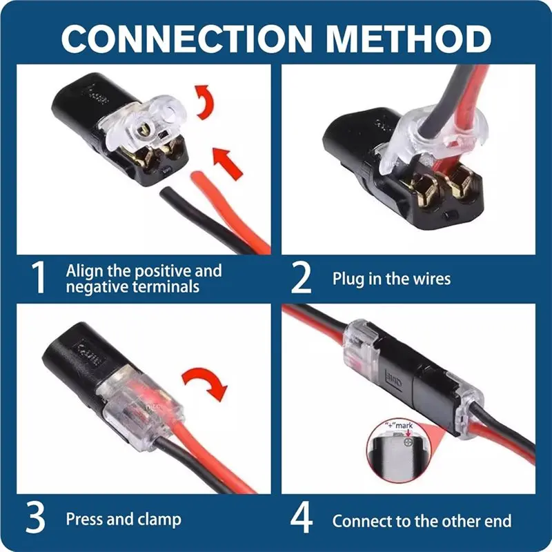 A01K-Low Voltage 2-Pin Wire Plug-In Connectors(50 Pieces) With Locking Buckle, For 22-18 AWG, LED Strip Lights And Electrical Ca