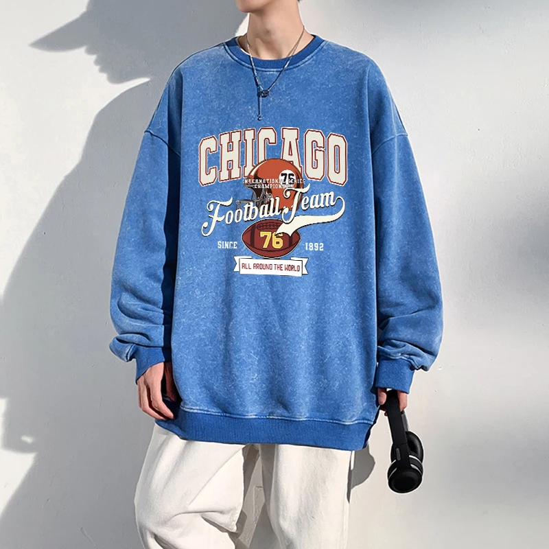 

Oversize Men Washed Hoodie Chicago Football Team 76 Letter Prints Sweatshirt Fashion Cotton Warm Pullover Vintage Couple Clothes