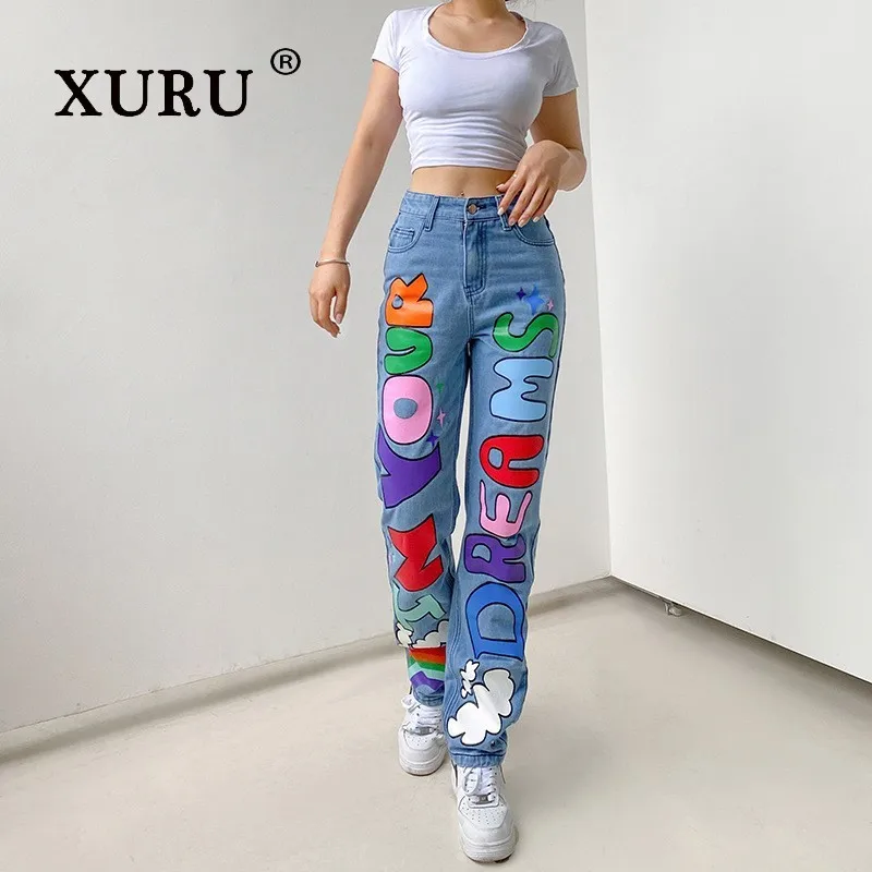 

XURU-High Waist Loose Print Graffiti Women's Jeans, Straight Fit, Trendy, N6-6642