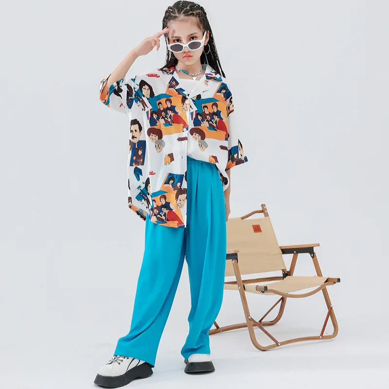 Kid Hip Hop Clothing Cartoon Print Short Sleeve Shirt Top Blue Wide Casual Pleated Pants for Girl Boy Jazz Dance Costume Clothes