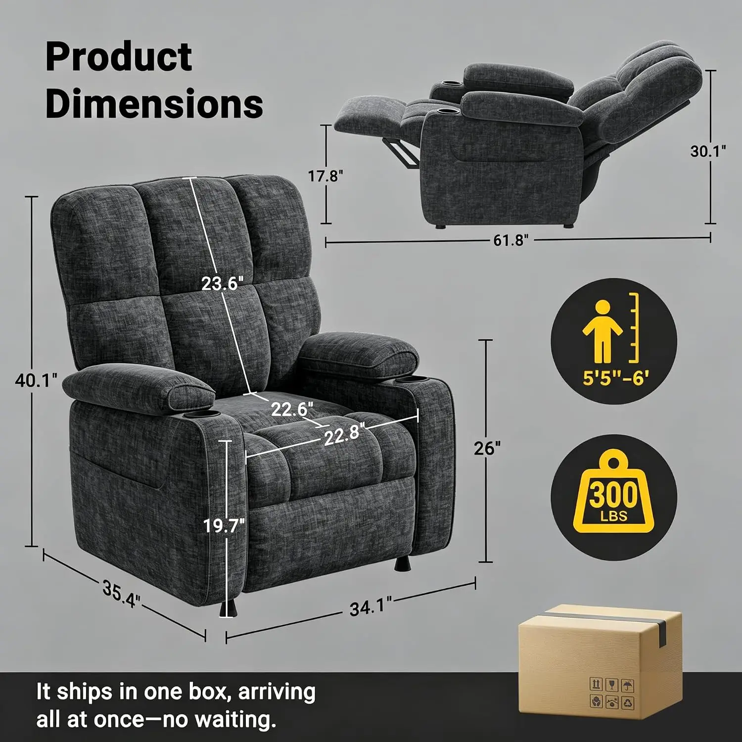 Power Recliner Chair, One-Touch Synchronized Reclining, Chenille Fabric Electric with Remote USB Cup Holder Side Pockets, Living