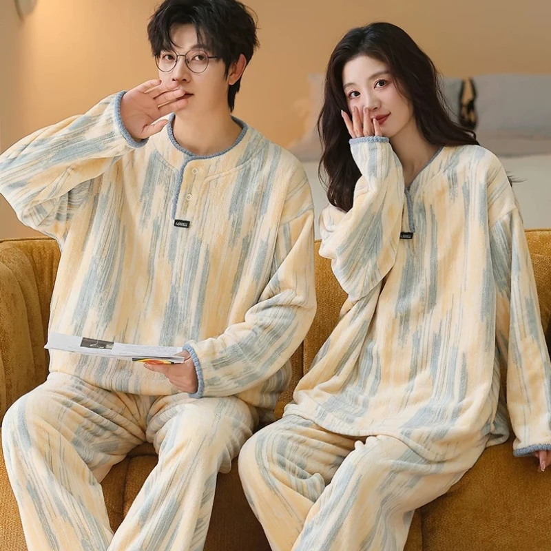 Coral Fleece Couple Pajama Set 2026 Autumn Winter Thickened Warm Flannel Men and Women Sweet Round Neck Loungewear pyjama homme
