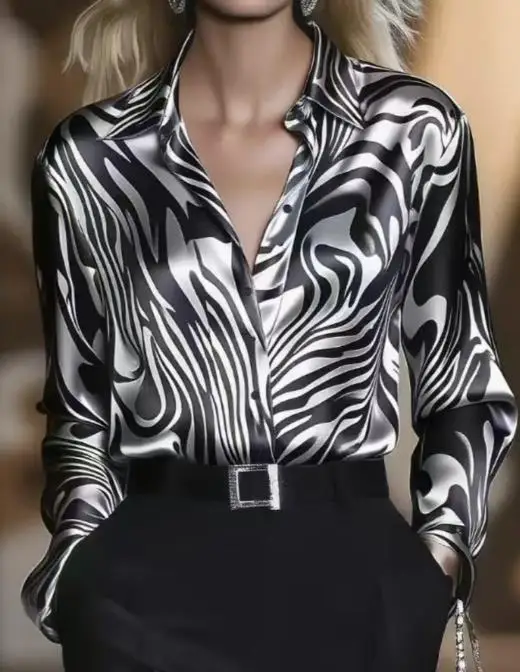 

Autumn New Zebra Print Fashion Trend Lapel Long Sleeved Shirt for Women, Elegant and Personalized Slim Fit Long Sleeved Shirt