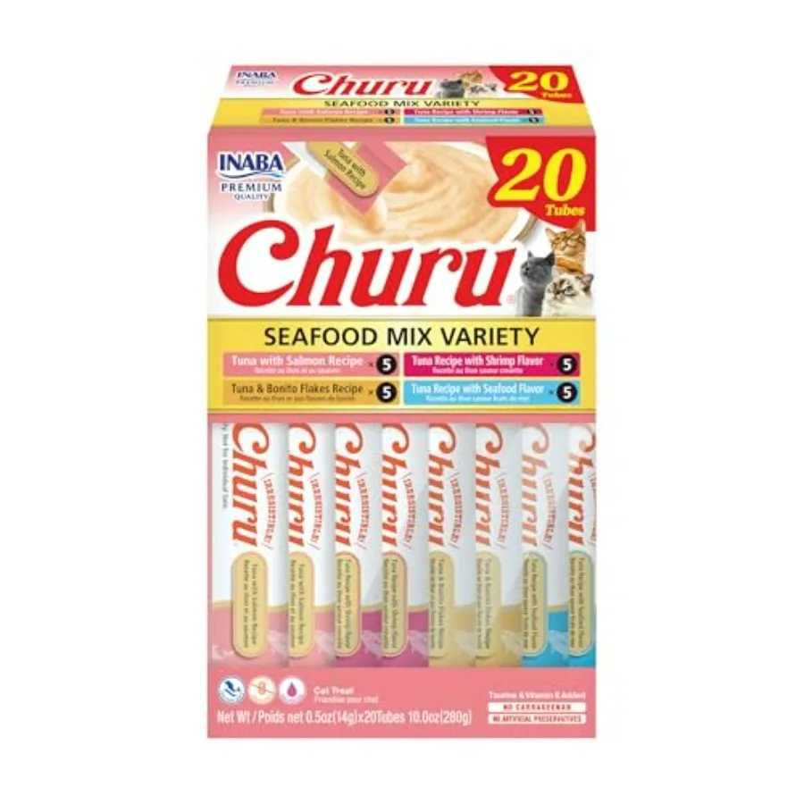 

Churu Cat Treats, Lickable, Squeezable Creamy Purée Cat Treat with Green Tea Extract and Taurine, 0.5 oz Each Tube, 20 Tubes, V