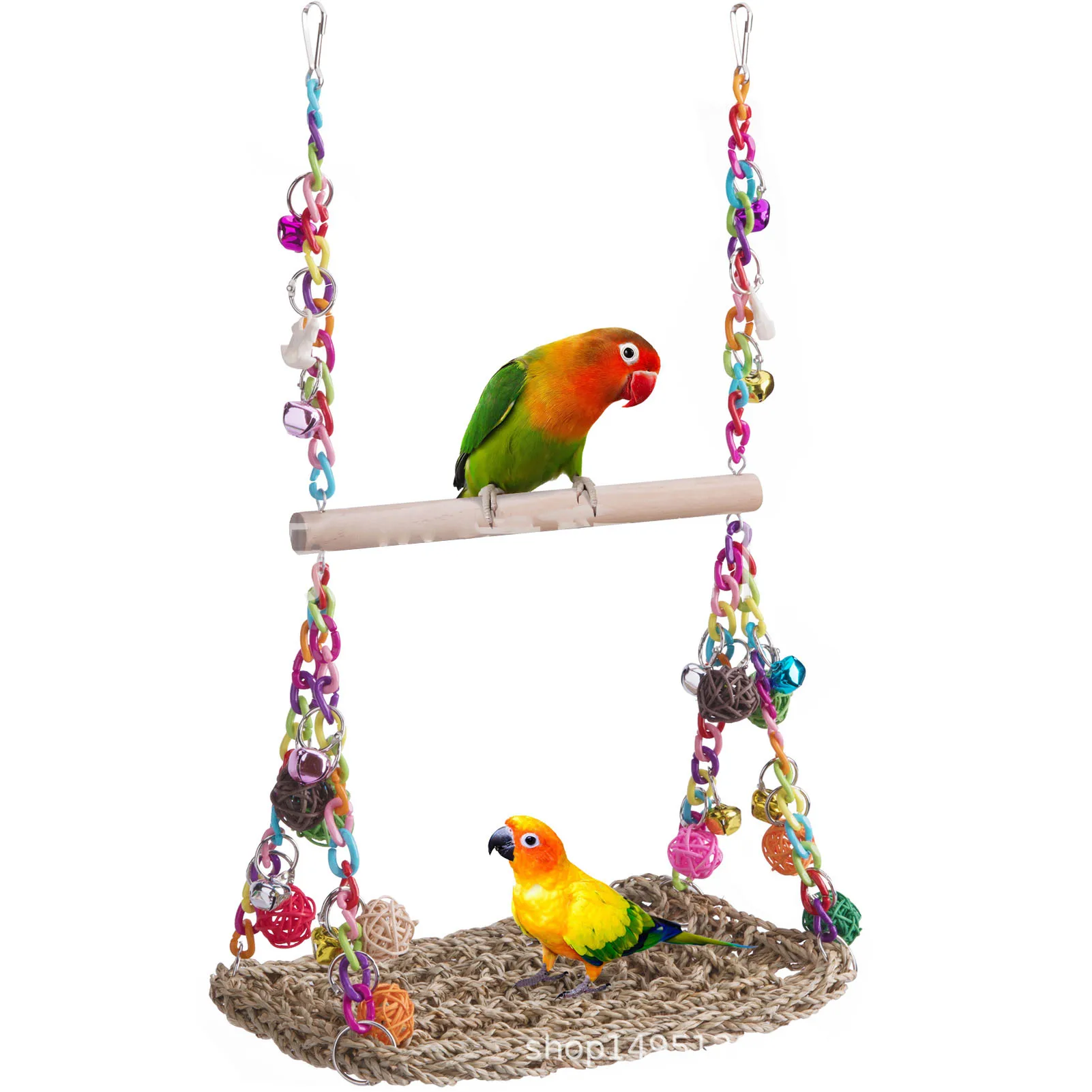 鳥用海草スイングおもちゃ-カラフルな籐ボール-ダブルレイヤー-パロットクライミングハンモックスイング-木製止まり木付き-ペットバード用
