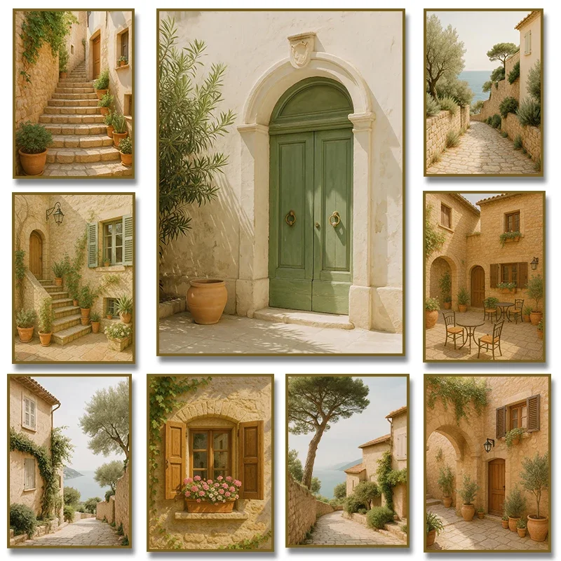 (No frame)Mediterranean Stairway  Rustic European Tuscan Village Stone Archway Olive Tree Poster Canvas Painting Print Wall A