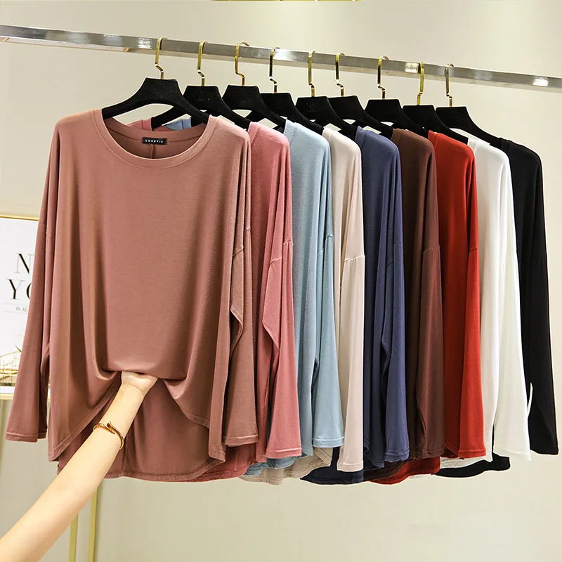 Luźne cienkie modalne koszulki z długim rękawem damskie jesienne najniższe T-shirt O-Neck duże rozmiary jednolita koszulka topy podstawowy top podkoszulek